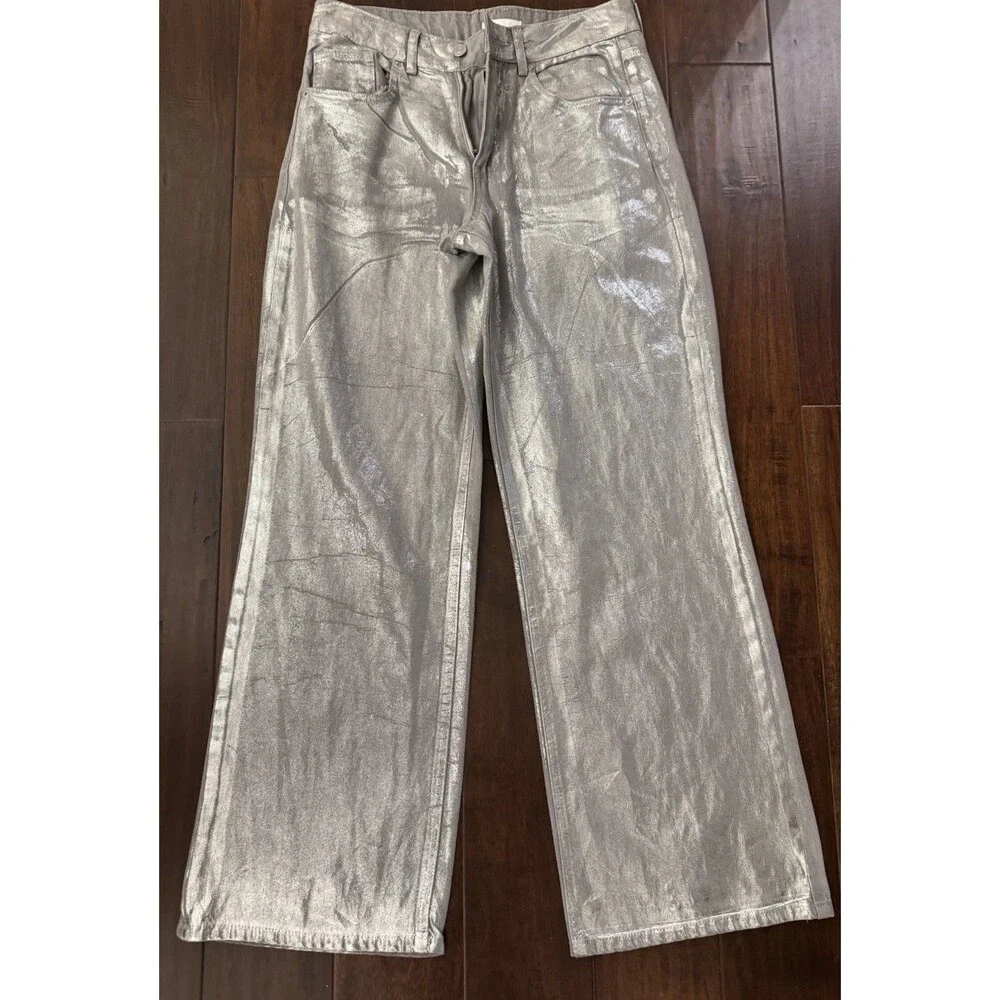 Gianni Bini Girls Foiled Metallic Denim Pants gray silver straight wide legs 16